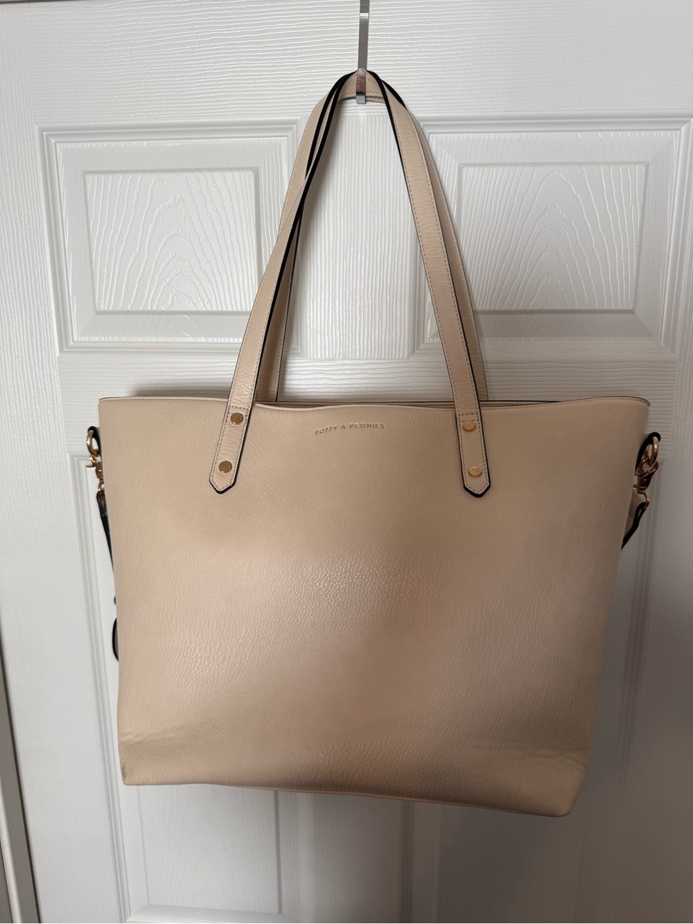 Poppy & Peonies Pale Beige Leather Tote with Gold Accents
